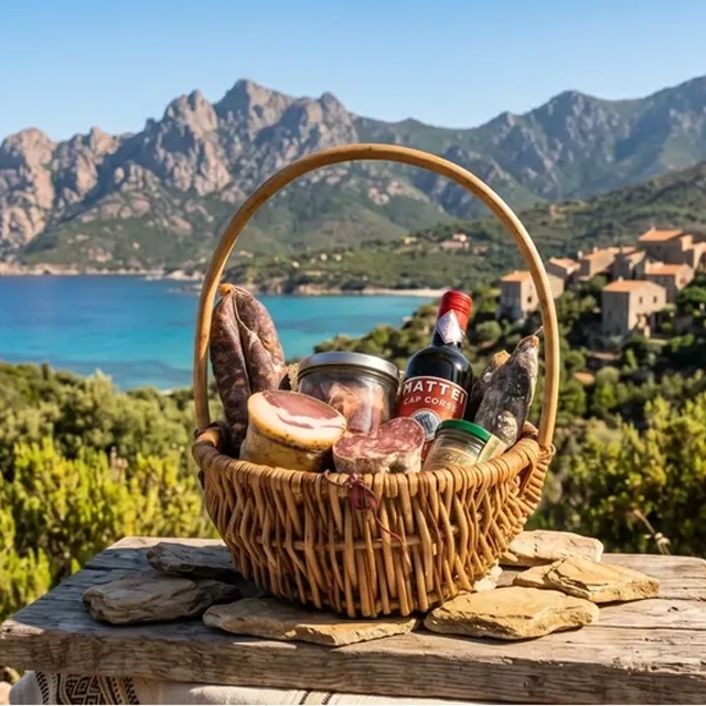 Panier gourmand corse Tiramiland présenté avec des produits du terroir
